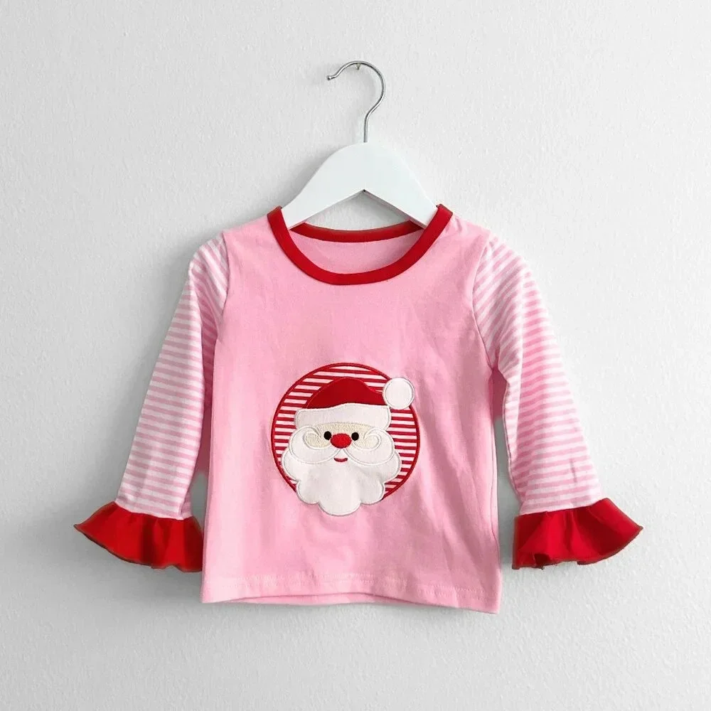 NWT Cute Girls Christmas Pajamas Set Long Sleeve Top & Pants Santa Pink 18-24M